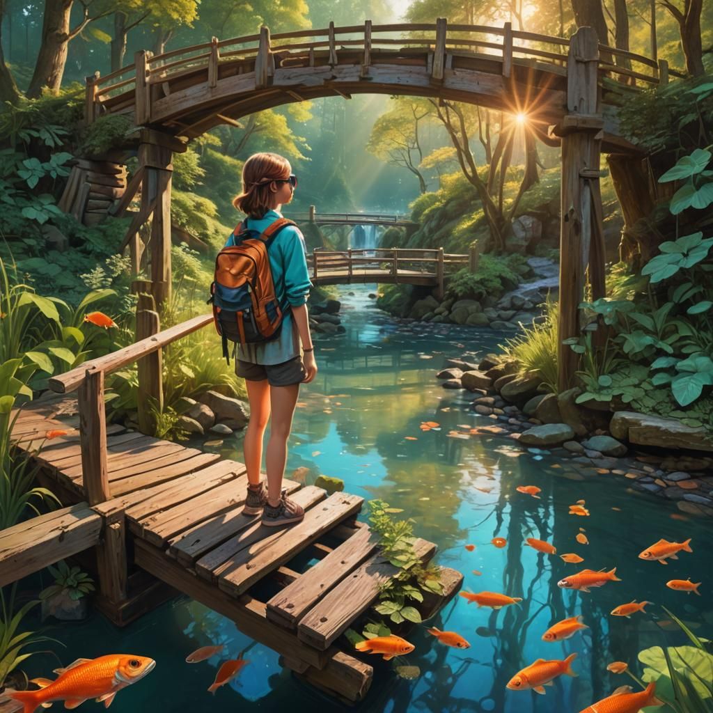 Colorful Fish Under Ancient Bridge, Fantastical Matte Painti...