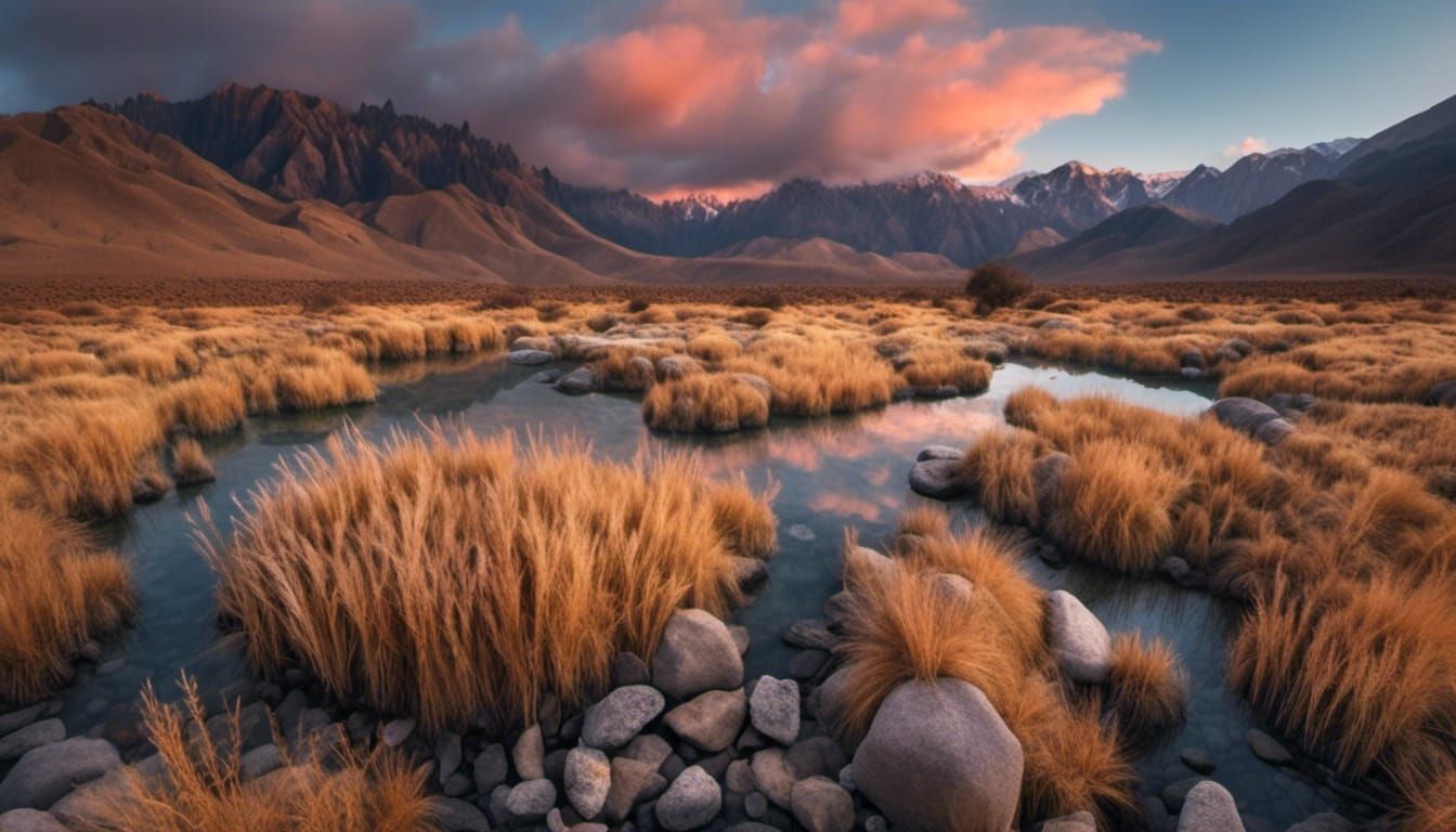 <lora:EpicLandscapes10:1.0> RAW Photo, ultra realistic, crisp, ultrasharp, andes landscape, dry grass, sand, stones and small rocks, sunrise...