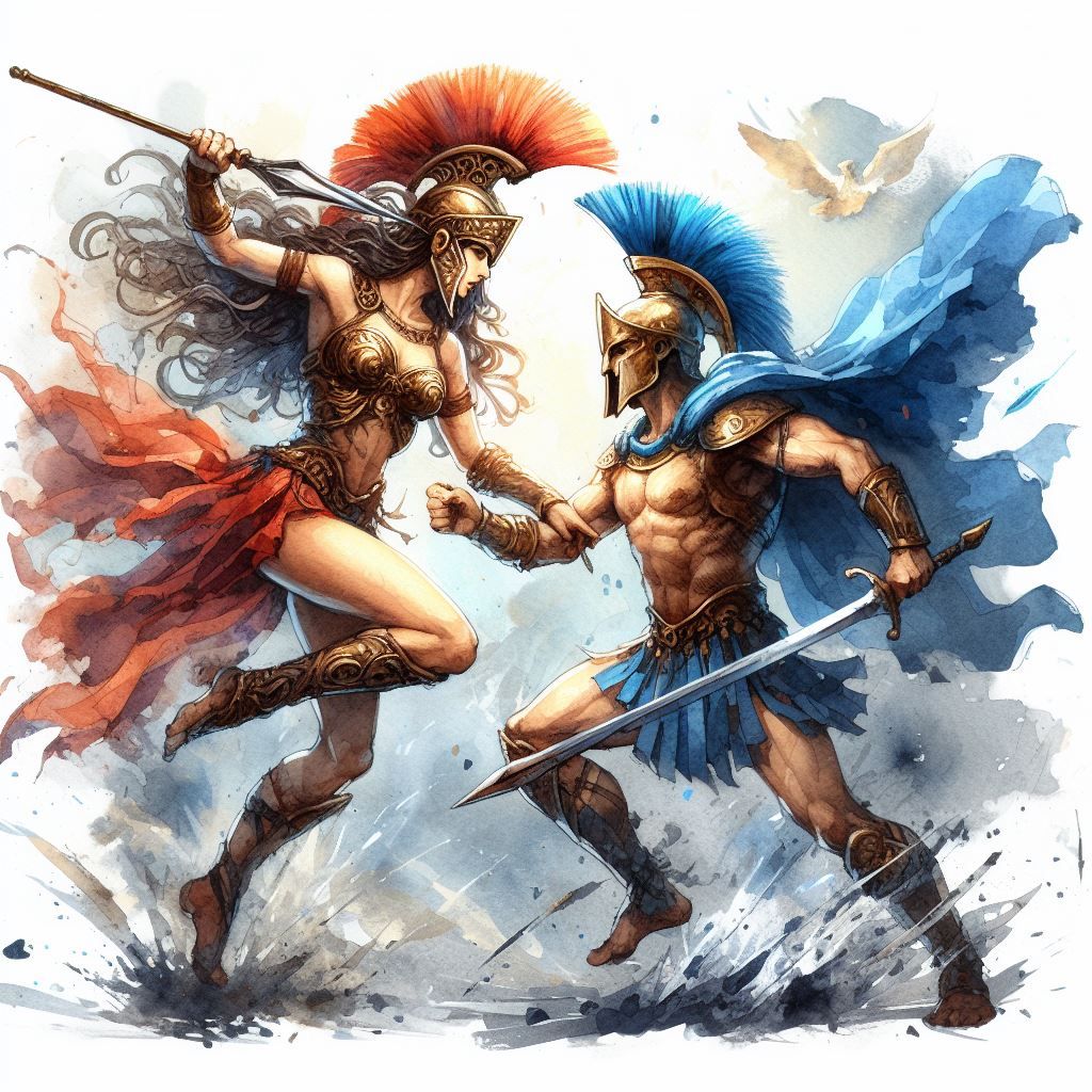 Amazon warrior Penthesilea fighting Greek hero Achilles