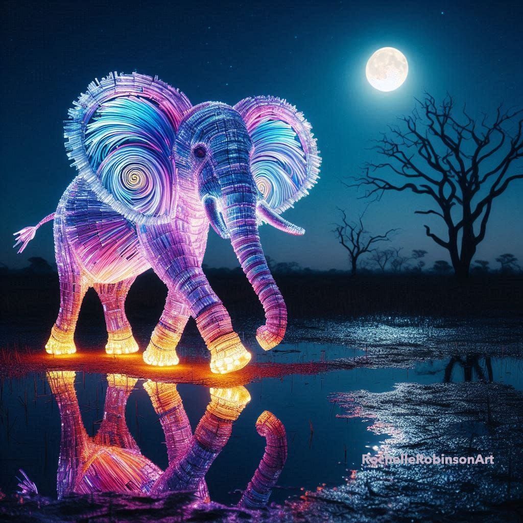 Lone Crystal Elephant In The Moonlight - Lite Brite Art