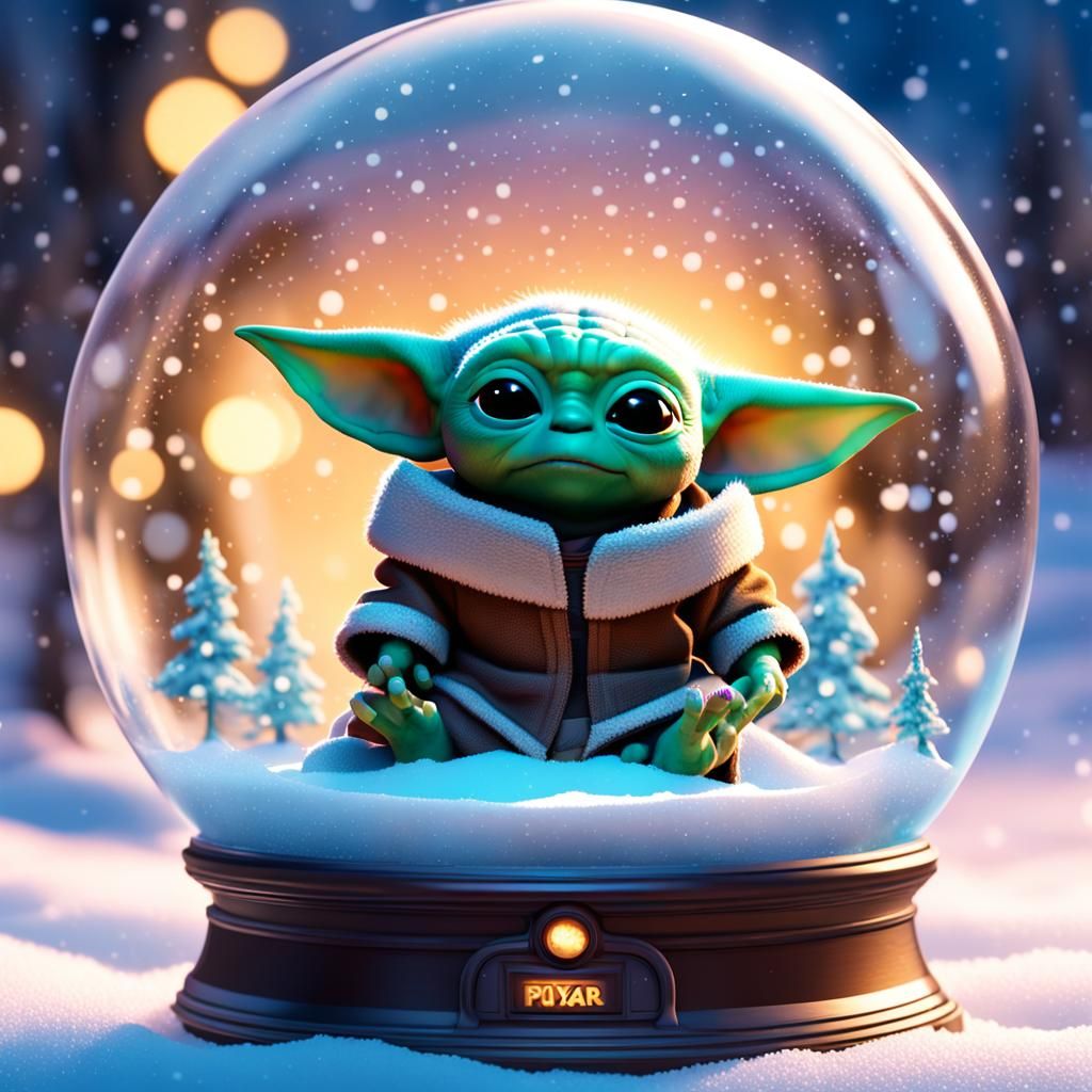 Baby yoda in a winter wonderland inside of a snow globe - AI Generated ...