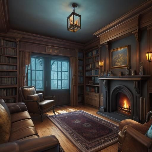 magic cabin, living room, floating lamps, fireplace, bookcas...