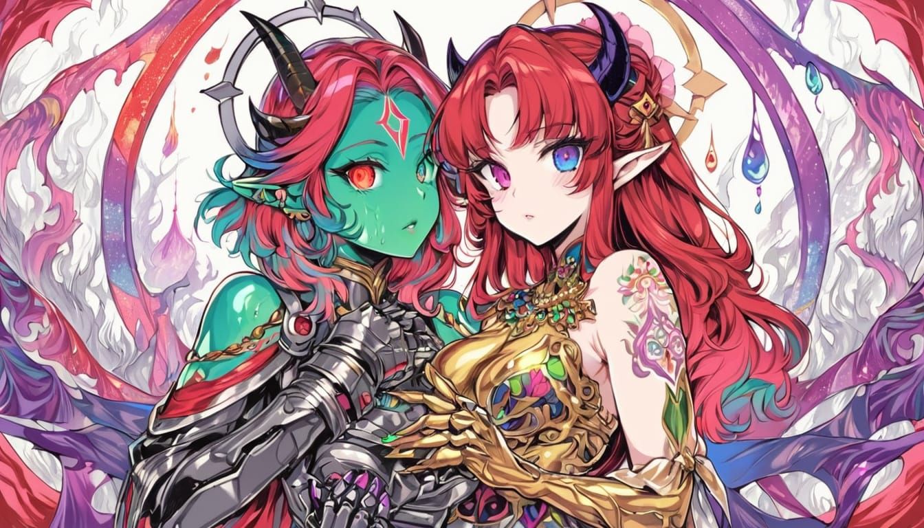 leafy, green skin, liquid gold women, upper body, beautiful eyes, sapphic, goddess, mature female, glowing pupils, cuira...