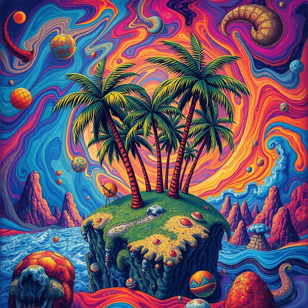 A psychedelic palm trees on trophical island , multicolored surrounded by a swirling vortex of shapes ...  by @Fiet-popularis