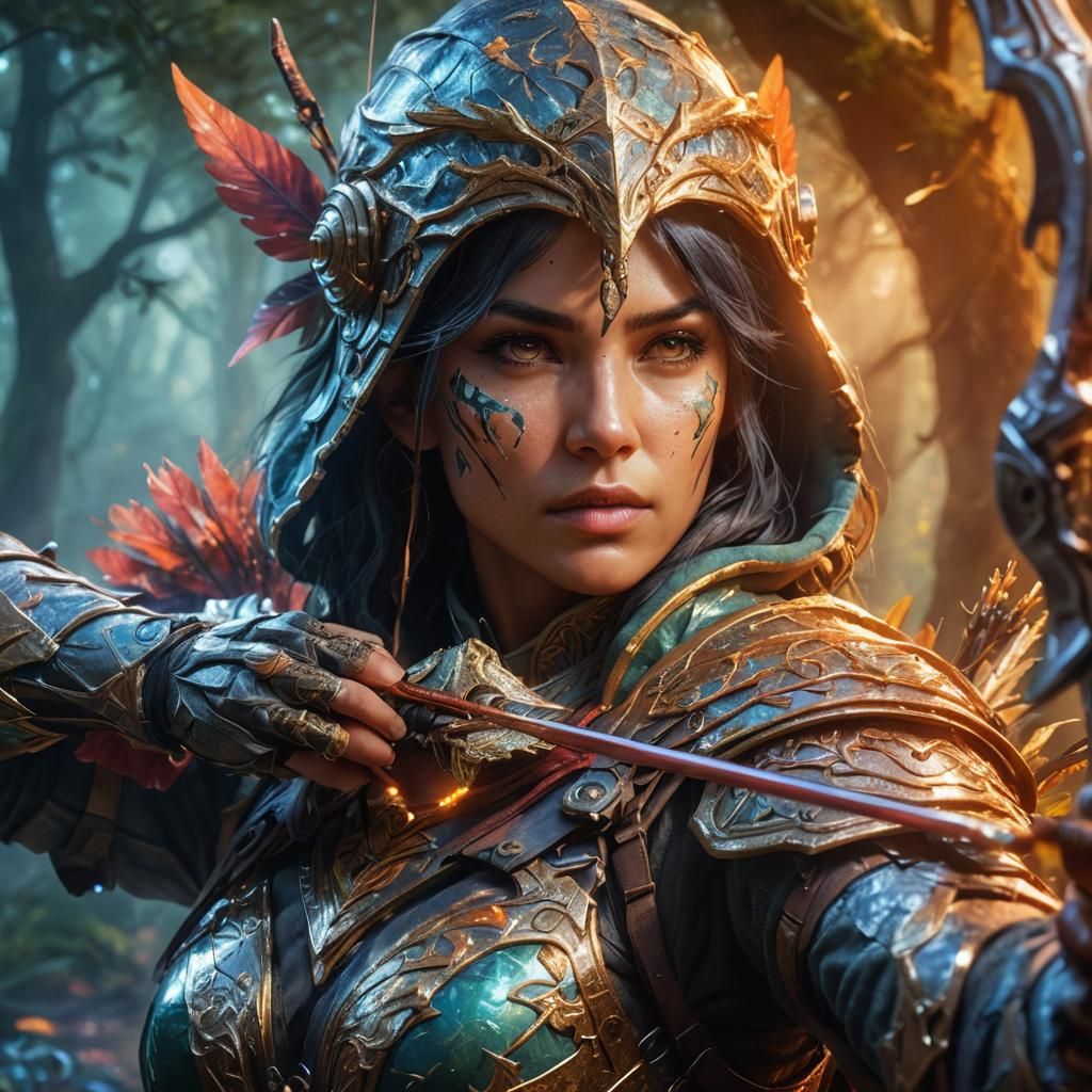A female mercenary archer with vibrant colors, intricate designs, wearing armor that has elements of fantasy and magic, set in a photorealis...