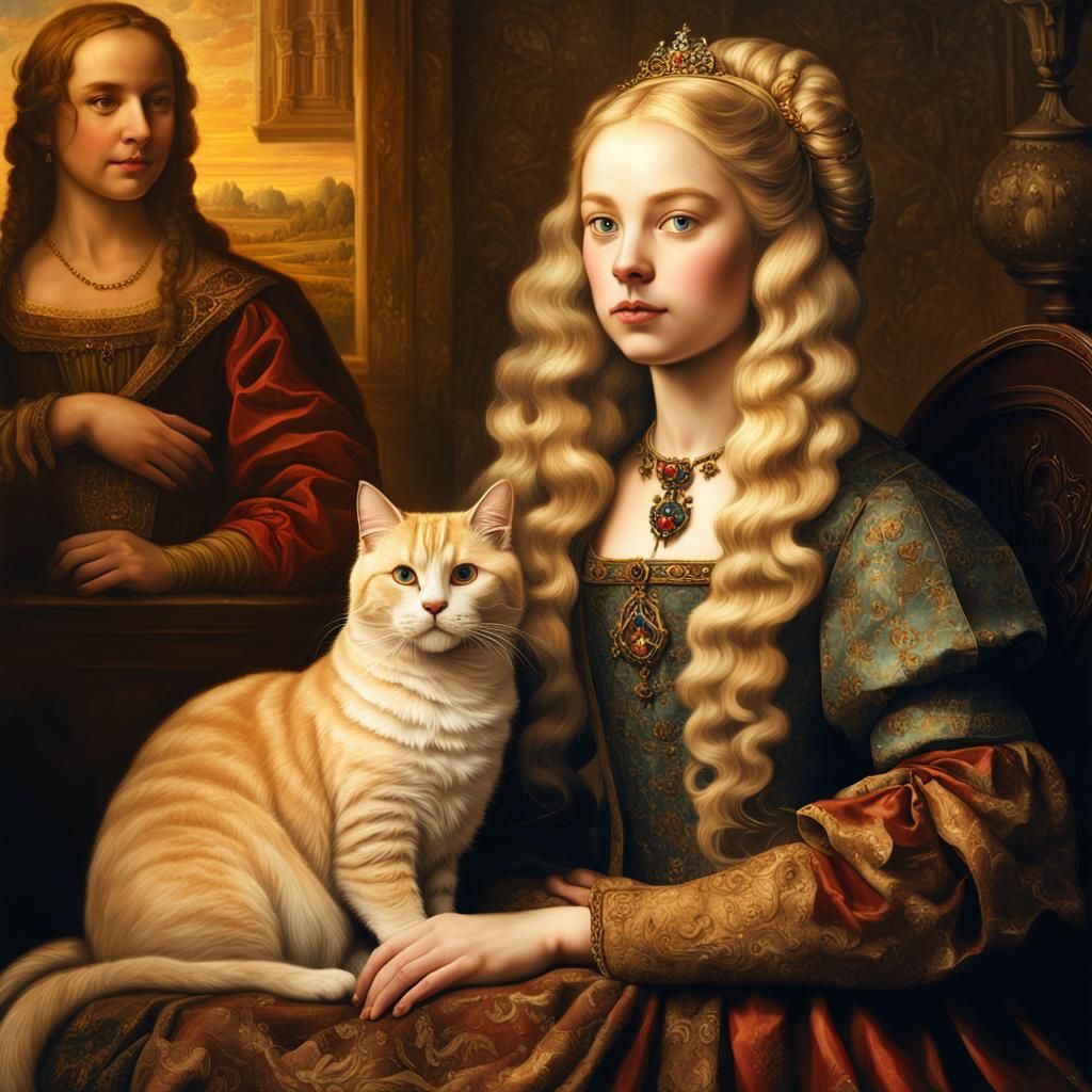 Blonde Kriemhild with very long ringlets hair dressed in middleage fashion,with golden british short hair cat.