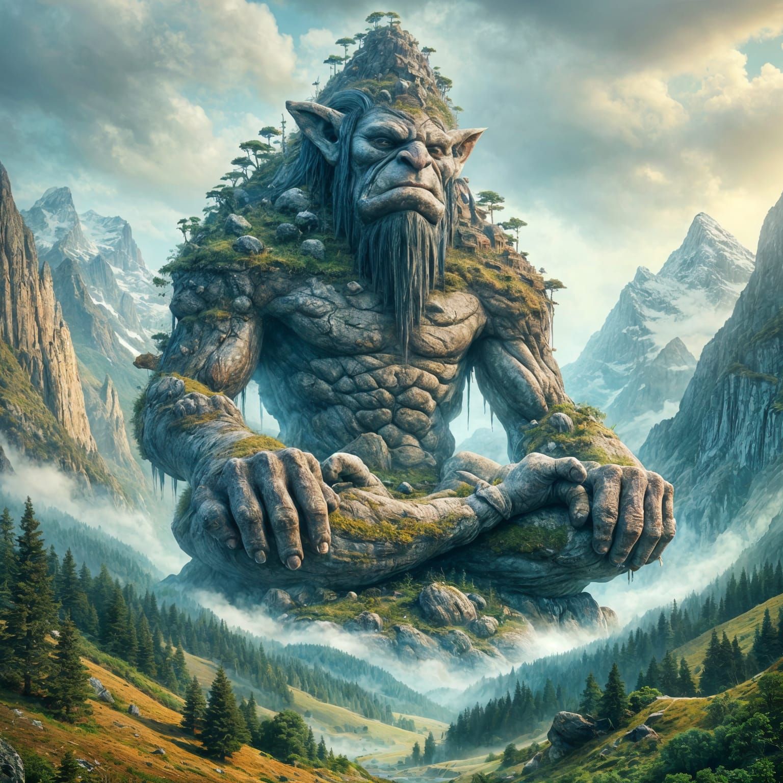 Mountain Troll Meditating: A Fantasy Landscape Painting