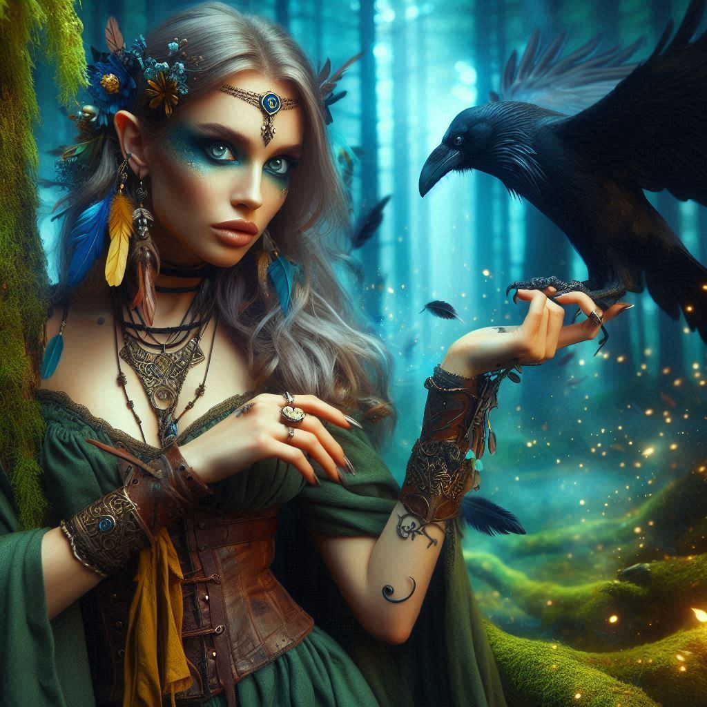 Female druid in a mystic forest, starting to change the form...