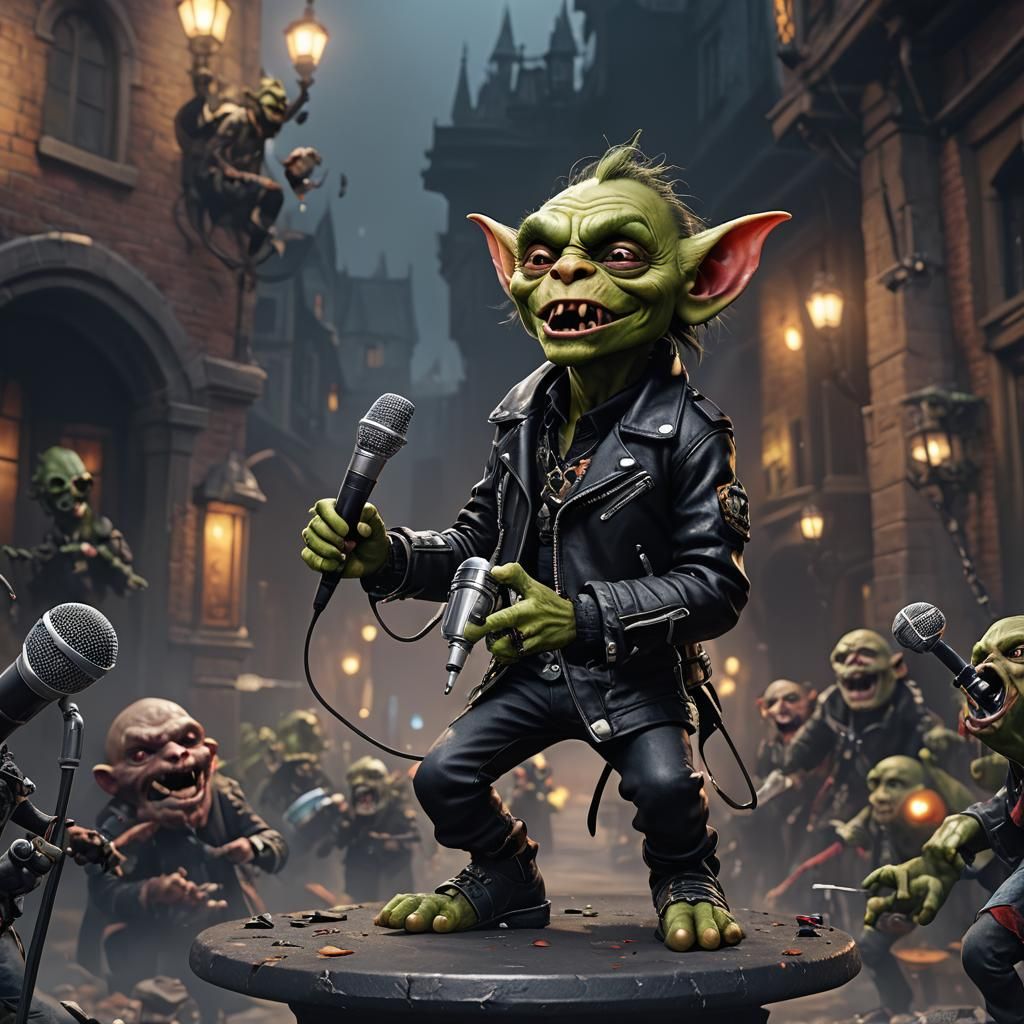 R&B goblin singing on microphone wearing black leather jacke...