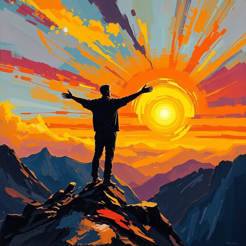 Hopeful Soul on Mountain Peak at Sunrise Oil Painting