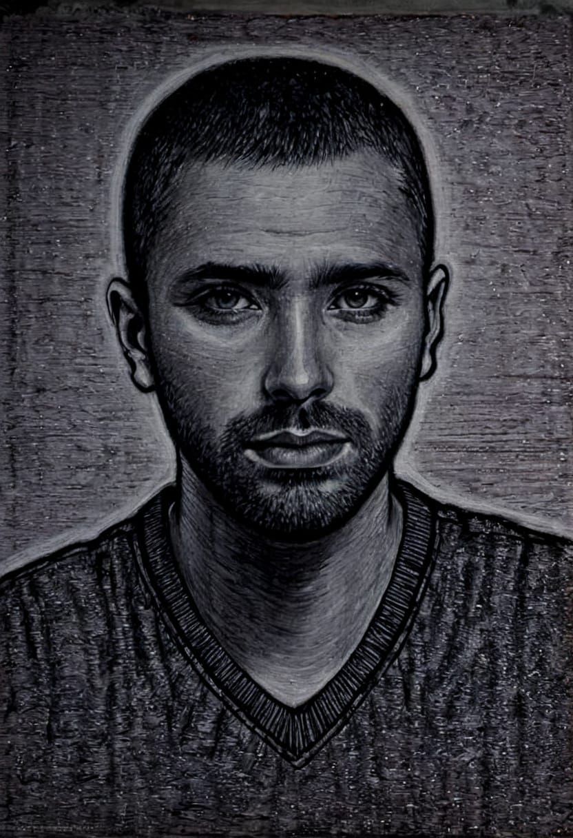 A young man.
Charcoal drawing, created with a coarse charcoal stick, featuring highly detailed, fine art, sketch-style elements.   
Strong d...