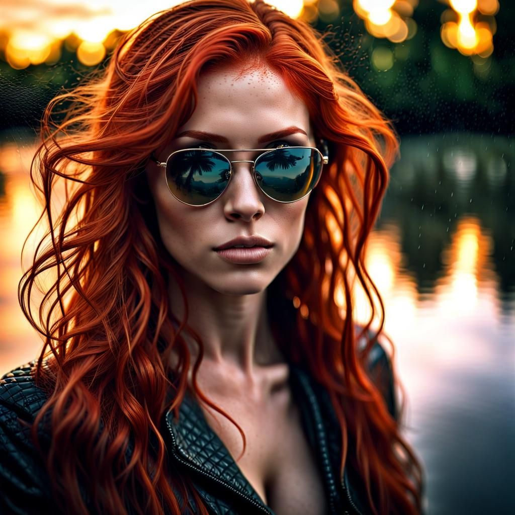 Redhead Beauty in Rainy Sunset: Hyperrealistic Portrait