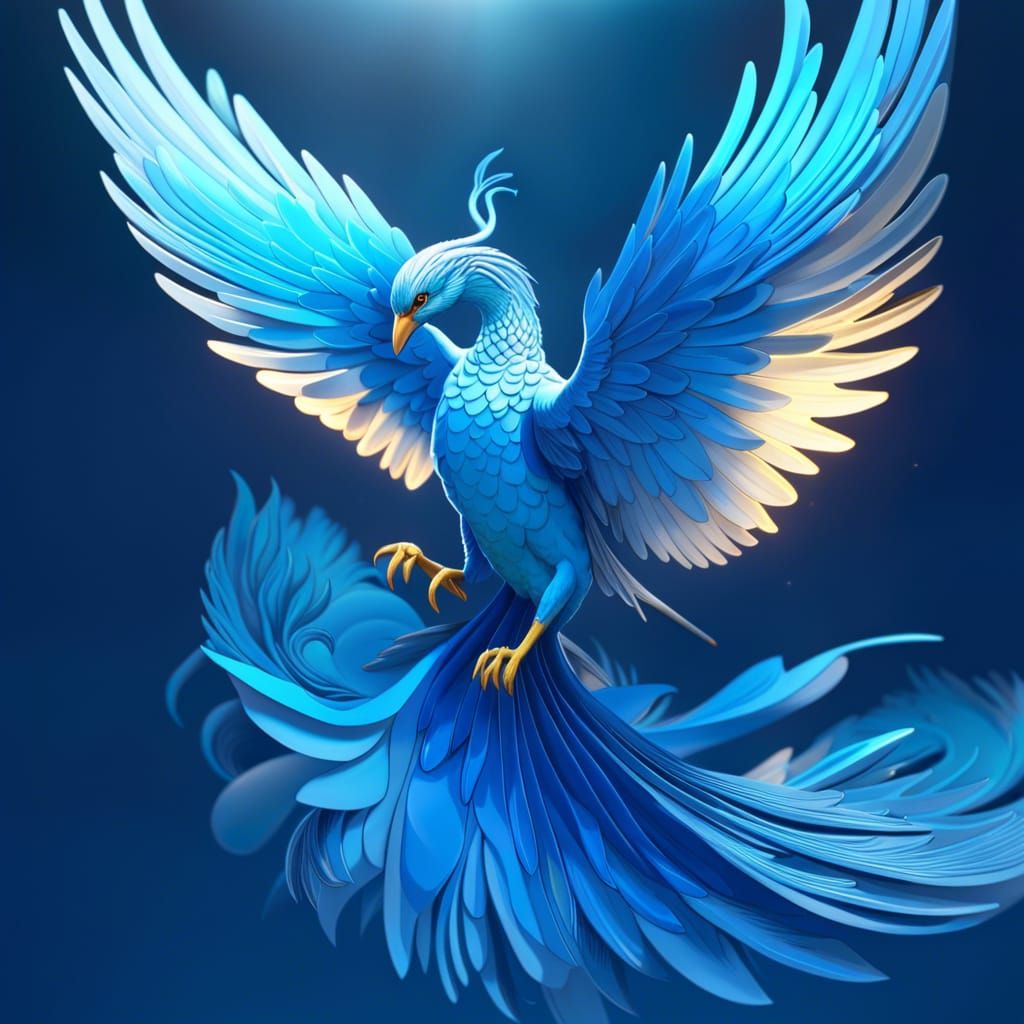 a bird that is flying in the sky, blue phoenix bird, beautiful 3 d rendering, atmospheric