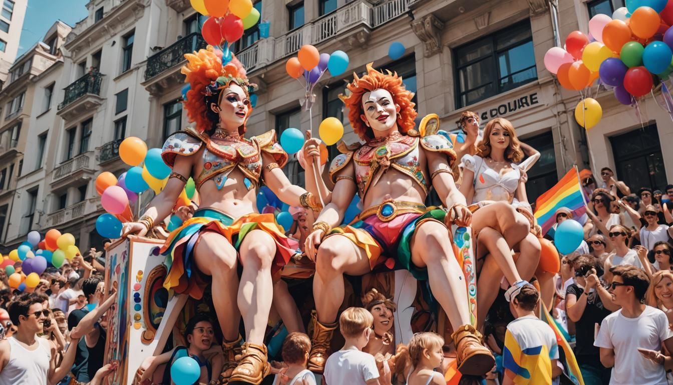 in gay pride parade a carnival float, low angle view, in the...