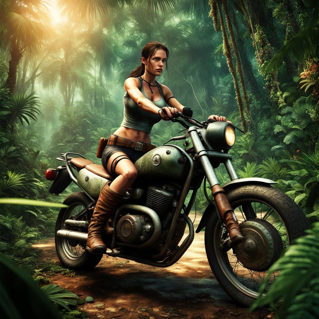 Classic Lara croft riding a motorcycle in an tropical Forrest - AI  Generated Artwork - NightCafe Creator