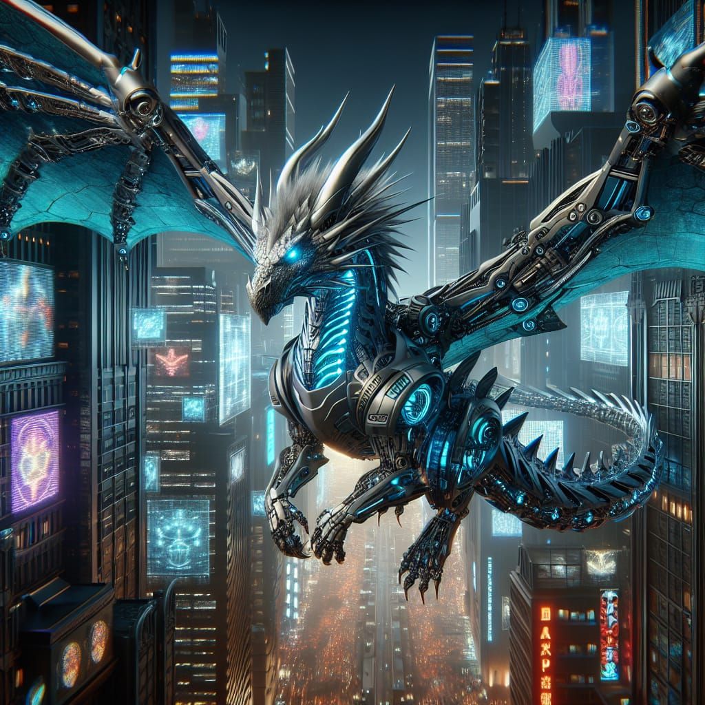 Cyberpunk Dragon Soaring Over Future Cityscape