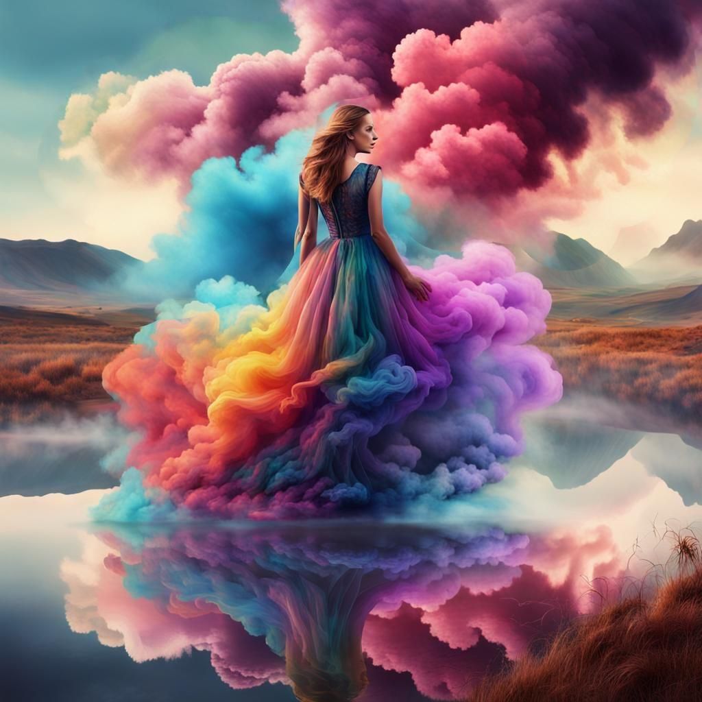 a beautiful woman wearing a dress made from colorful smoke g...