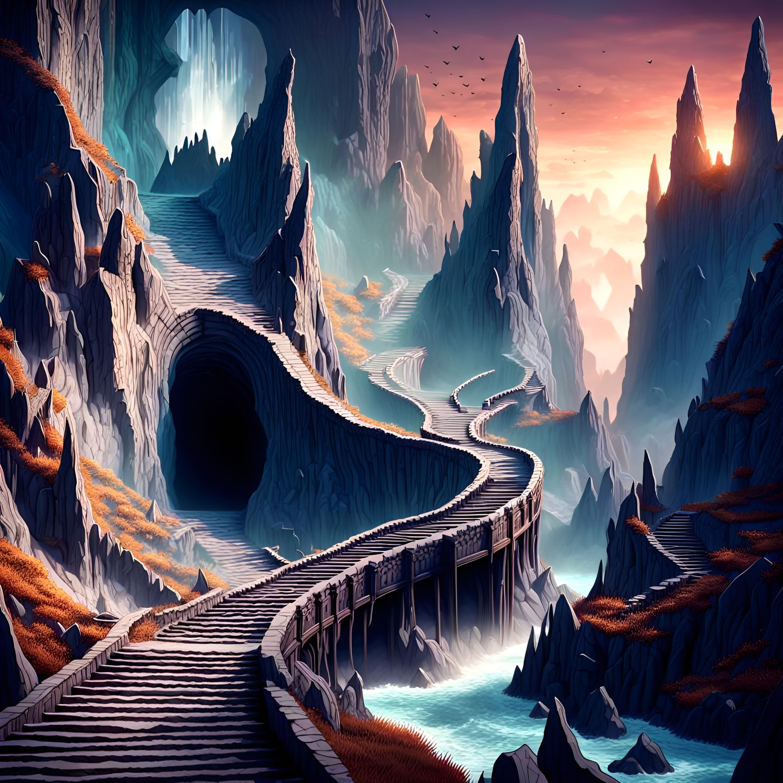 Winding stairway up jagged sharkstooth mountains to a dark m...