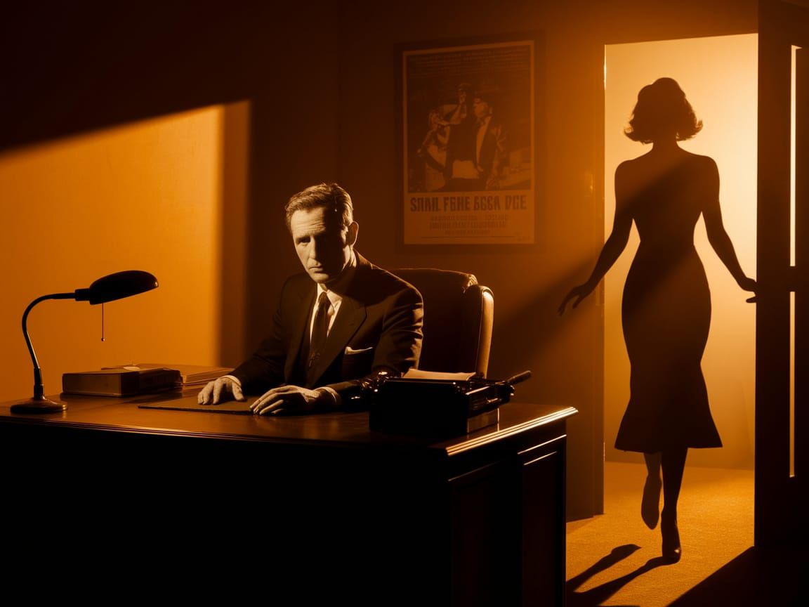 Film Noir Detective Sitting At His Desk As Femme Fatale Enters  by @LordCanis