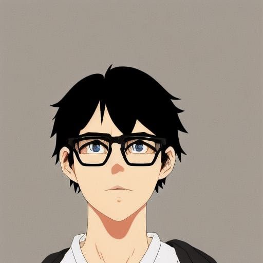 A boy with black hair blue eyes and black glasses 5'4