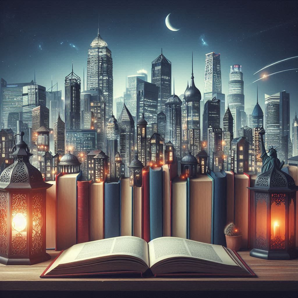 Skyline with books and lanterns