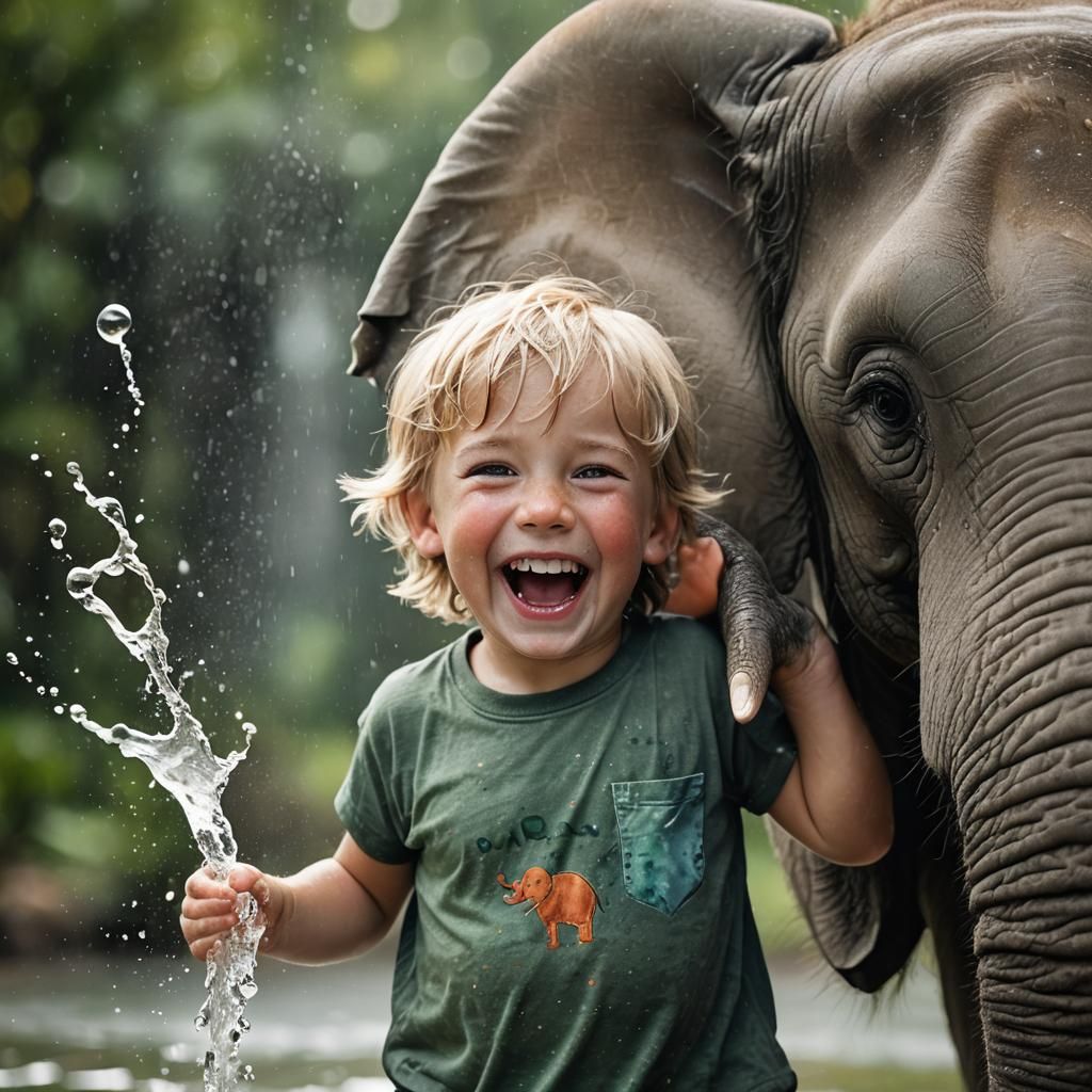 Joyful Boy and Elephant in Vibrant Portrait