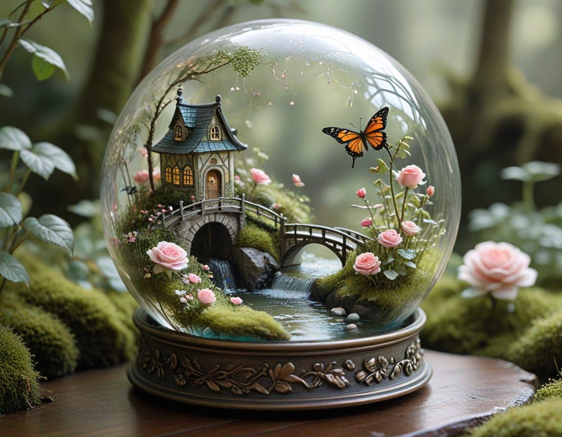 Miniature Garden Scene in Glass Globe: Watercolor Style