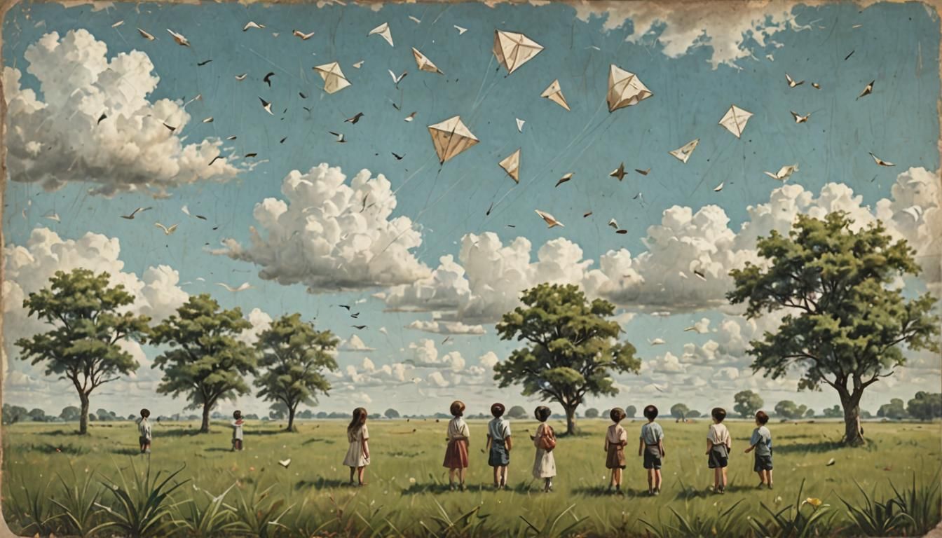 Hyperrealistic A large grassy landscape. white clouds and bi...