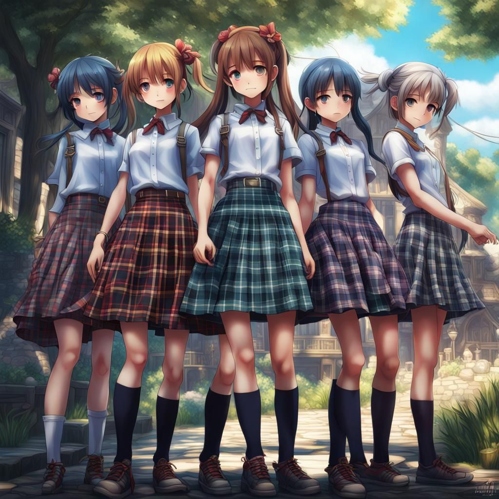 A group of a anime girls wearing plaid skirts, intricate det...