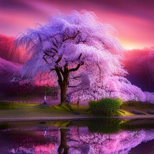 weeping cherry tree in full bloom next to a pond