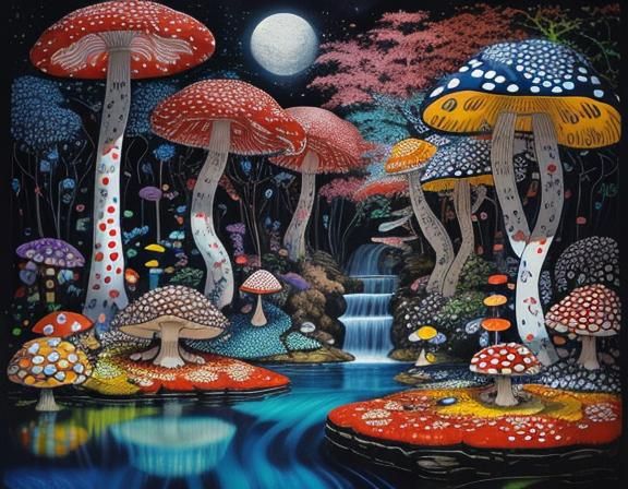 Surreal Mushroom Waterfall Scene in Contemporary Style