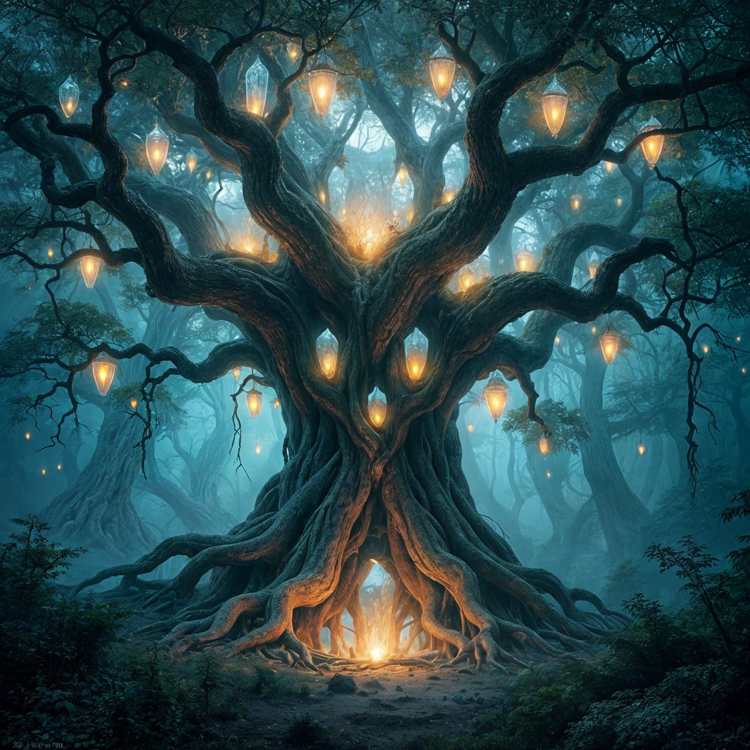 In a hidden grove, a colossal, ancient tree stands as a silent sentinel, its gnarled roots intertwined with glowing, crystalline formations....
