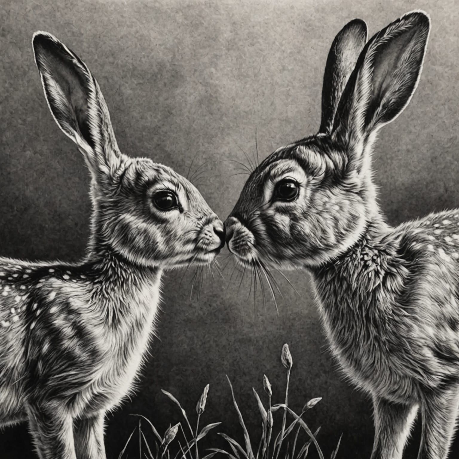 Fawn and Rabbit Nose Touch: Hyperdetailed Charcoal Art