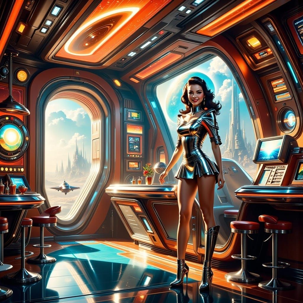 A knight inside a spaceship <lora:Retro Future Flux:1.0> 