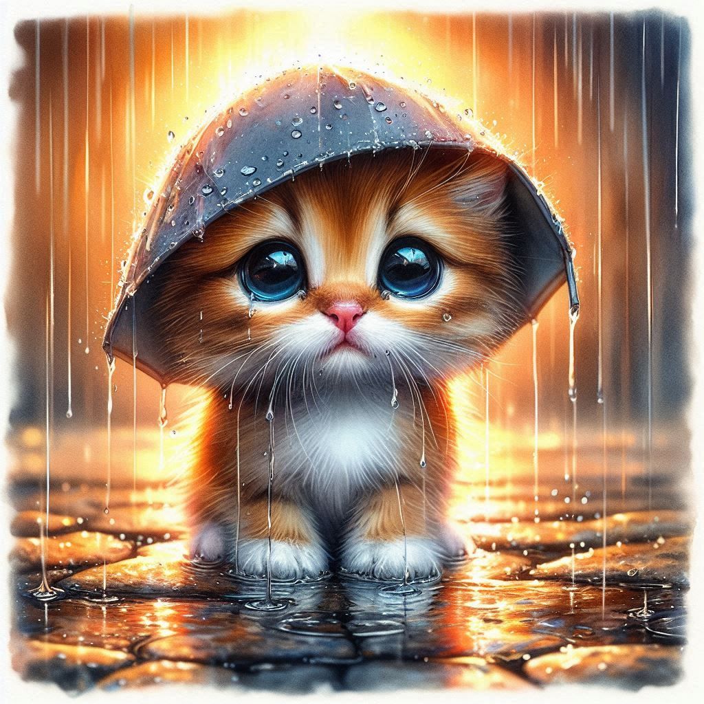 Watercolor painting of a sad looking kitten in the rain
