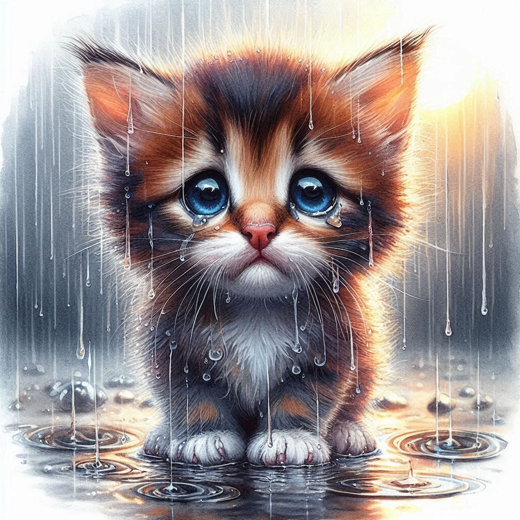 Watercolor painting of a sad looking kitten in the rain
