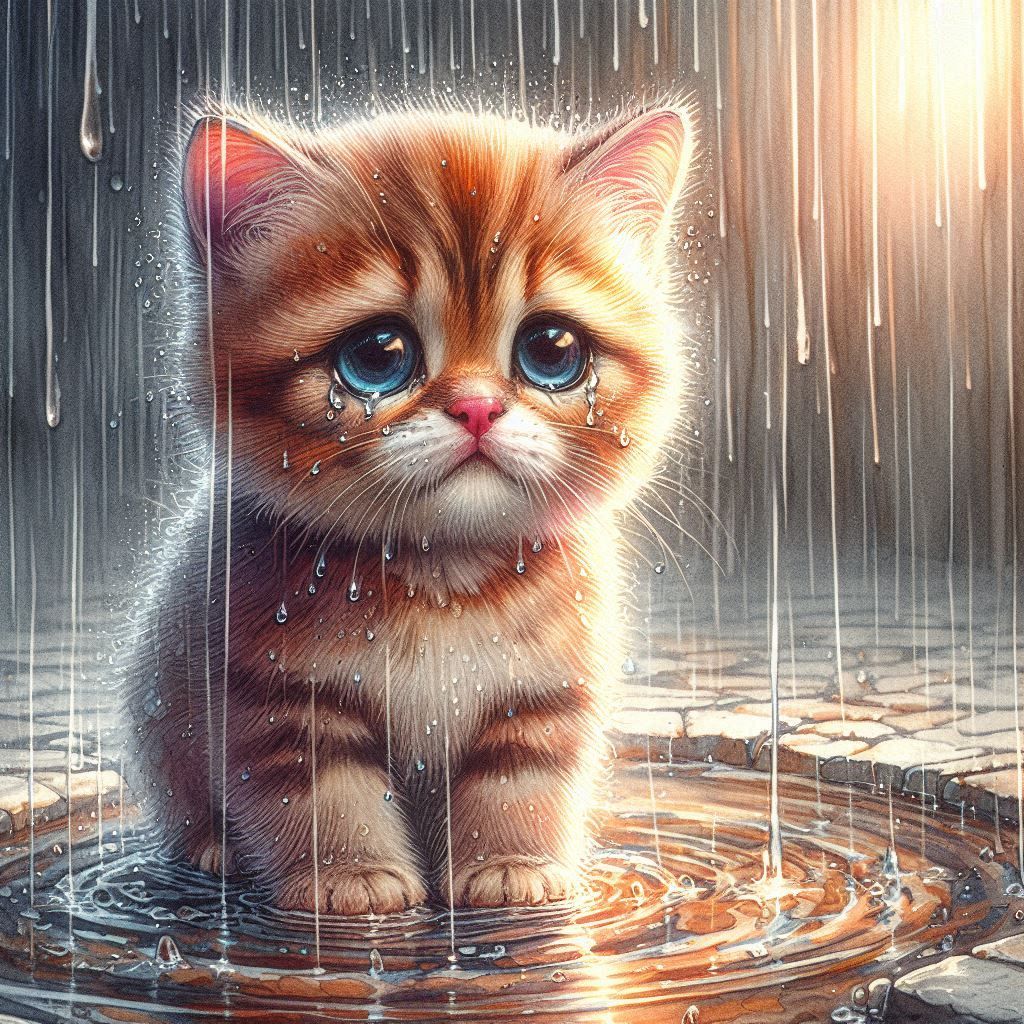 Watercolor painting of a sad looking kitten in the rain