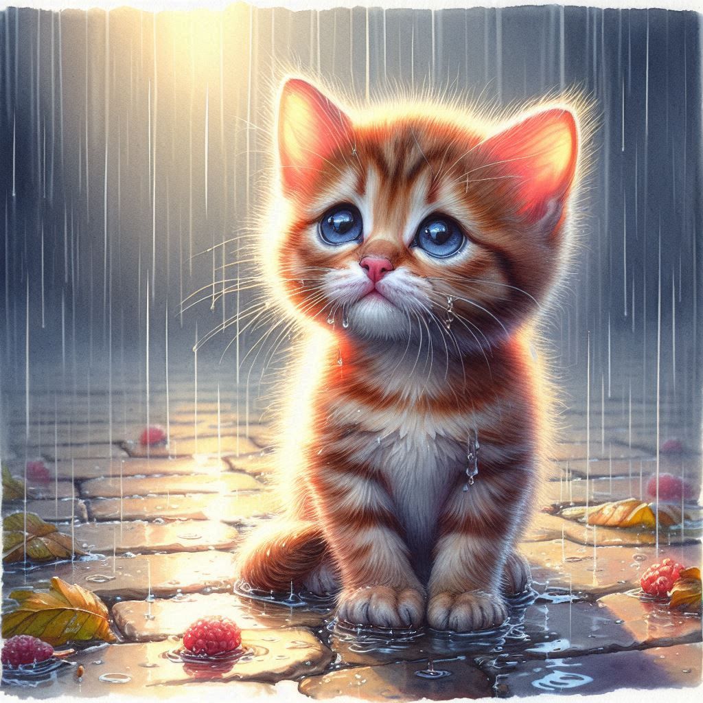 Watercolor painting of a sad looking kitten in the rain