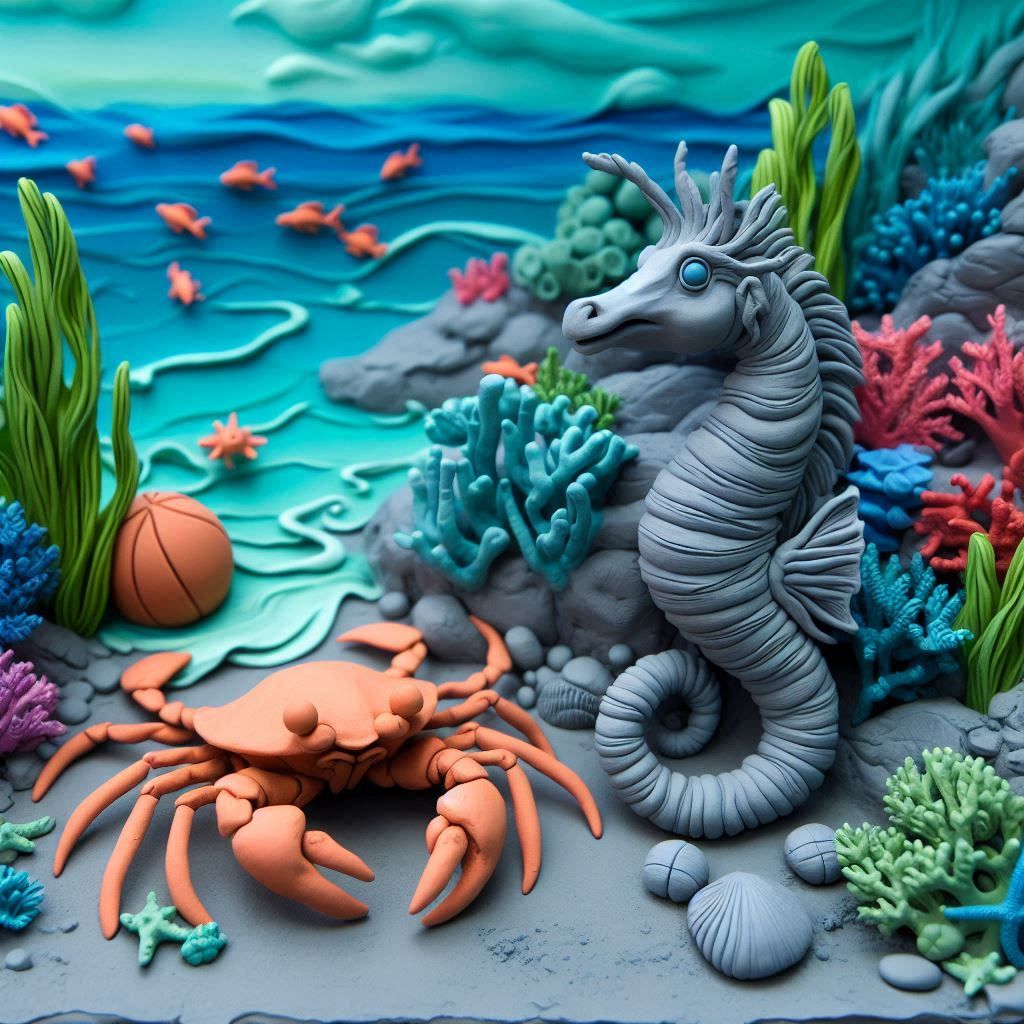 Seahorse and a crab in a claymation style art