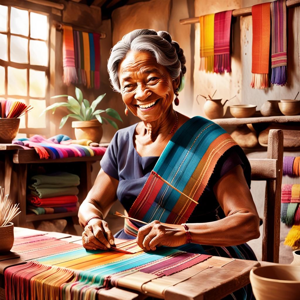 Smiling Aunt Weaving Vibrant Sash: Concept Art