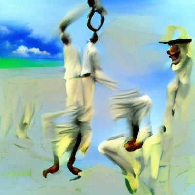 wailing men bounded by shackles in a white optimistic tone