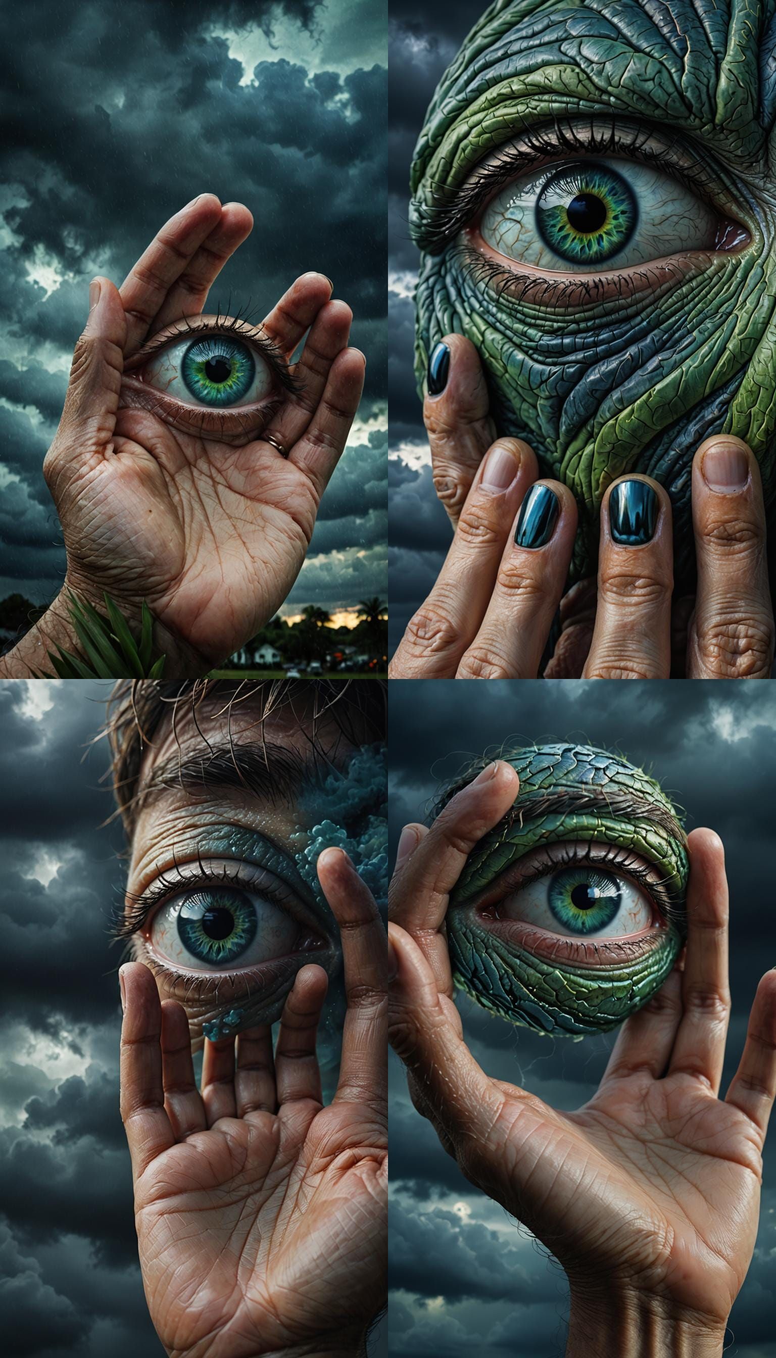 Digital artwork featuring a human hand with an eye embedded in the palm.