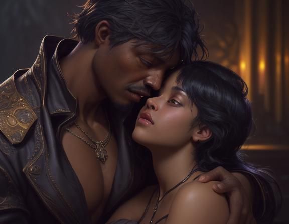 Two black lovers kissing by a roaring fireplace, in the styl...