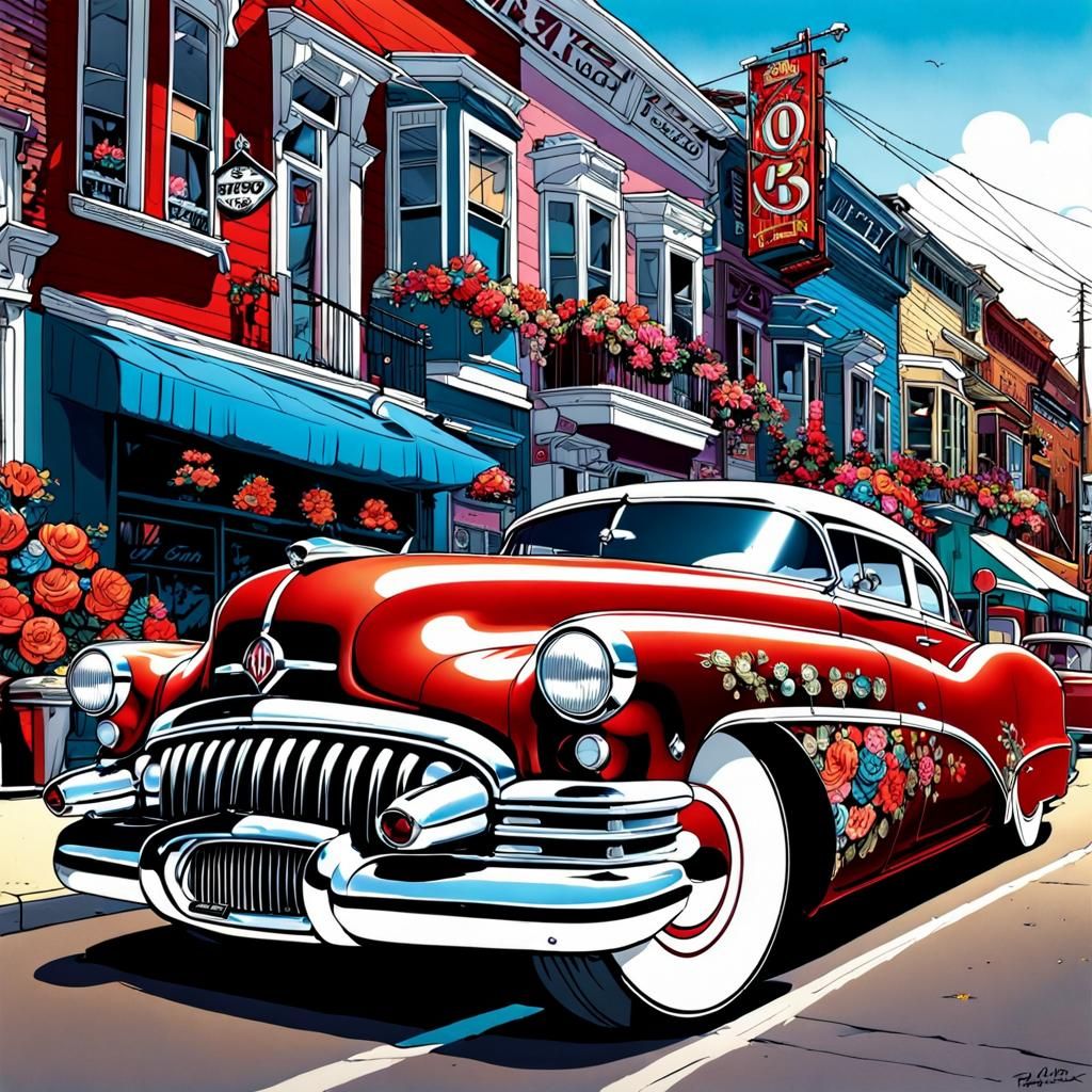 1950s Buick hotrod with floral embellishment decals on the car. Pimped-out and driving through a modern ...  by @WitteKraai