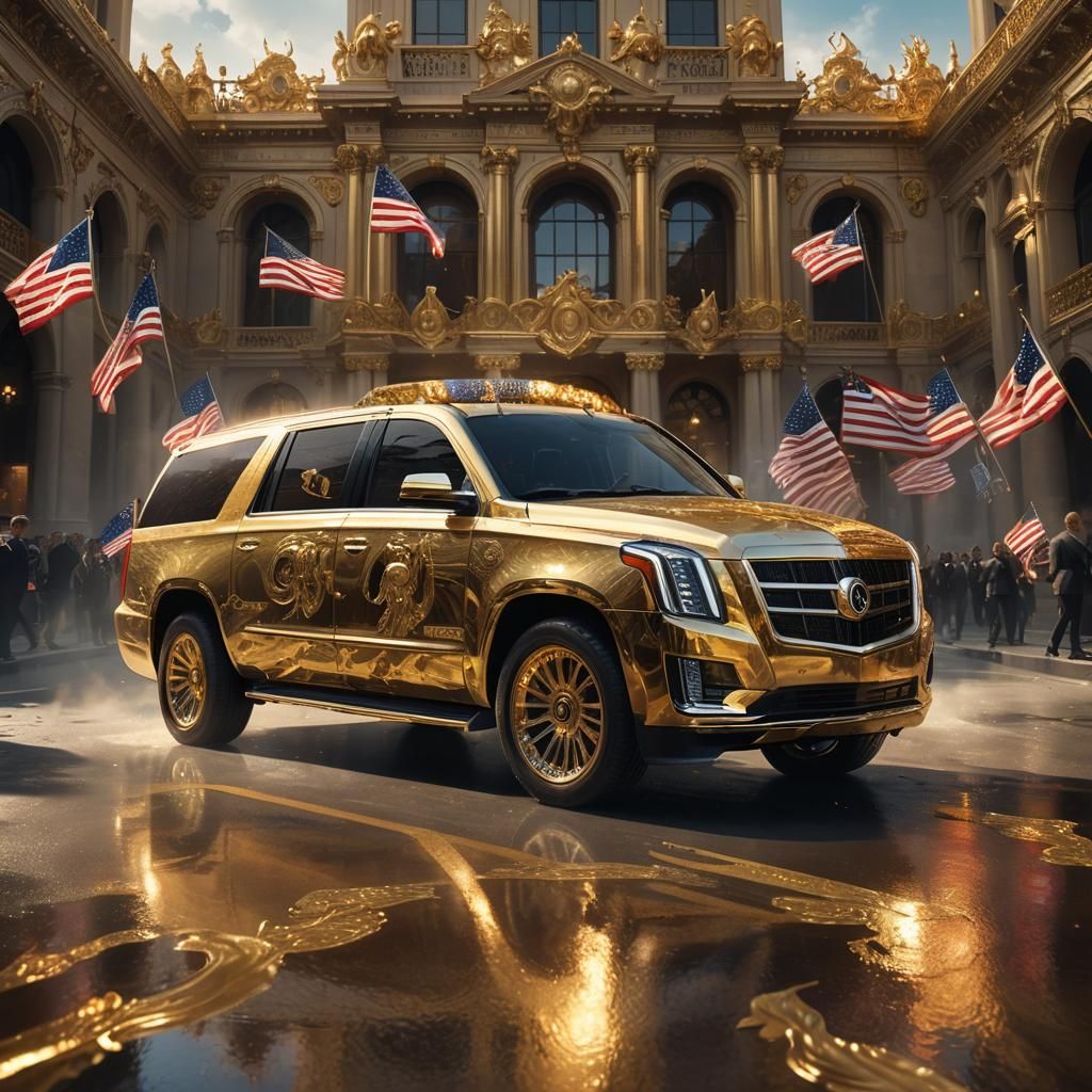 Trump Emerges from Ornate Vehicle in Fantasy Setting