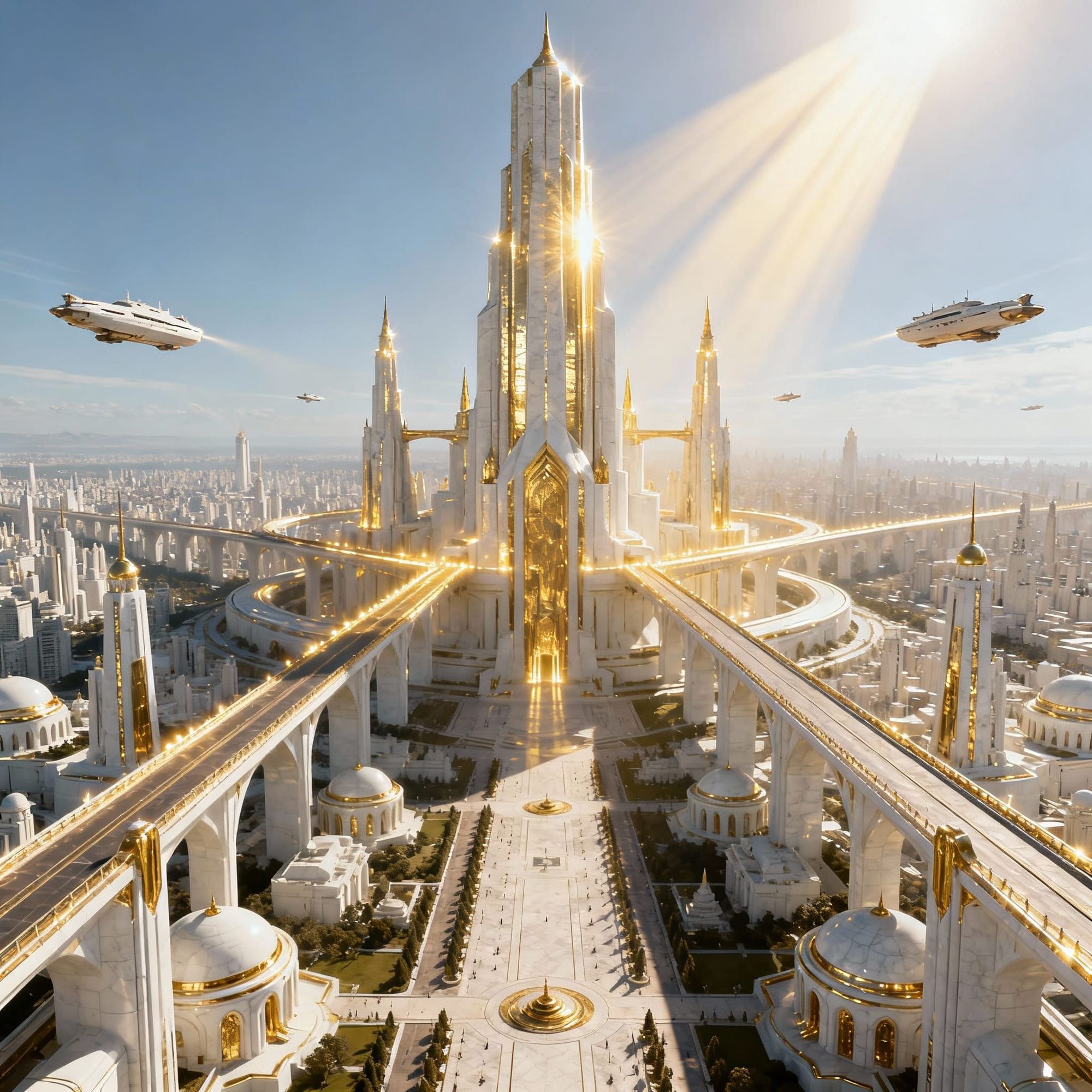 A colossal futuristic city stretches endlessly under the clear sky, its architecture sculpted in porcelain-white ceramic metal with polished...