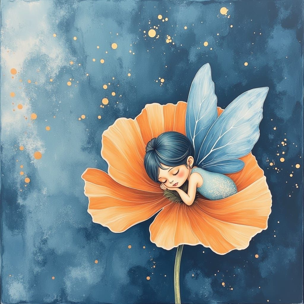 <lora:poppyDream:0.6> a Little peaceful blue fairy sleeping in a Beautiful poppy. The fairy is dressed in blue. Perfect composition. 