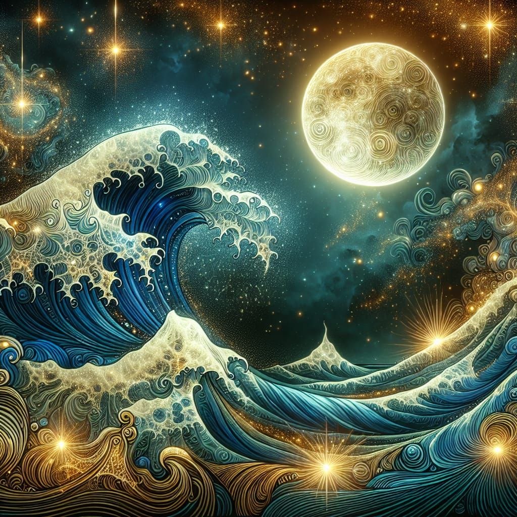 masterpiece alcohol ink and watercolor painting of huge wave, sea, tide, giant beaming moon, brilliant ...  by @whiterose