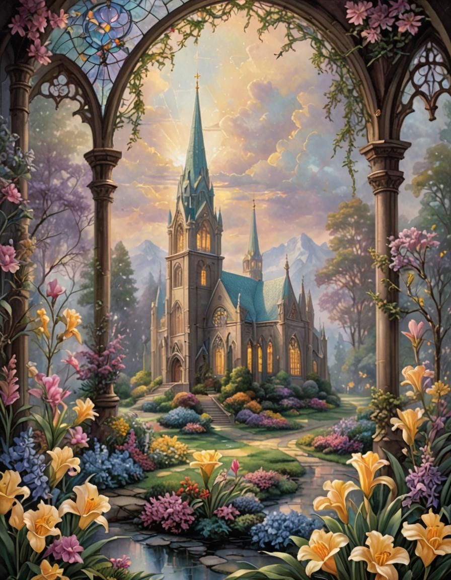 traditional stain glass cathedral, small vibrant freesia flo...