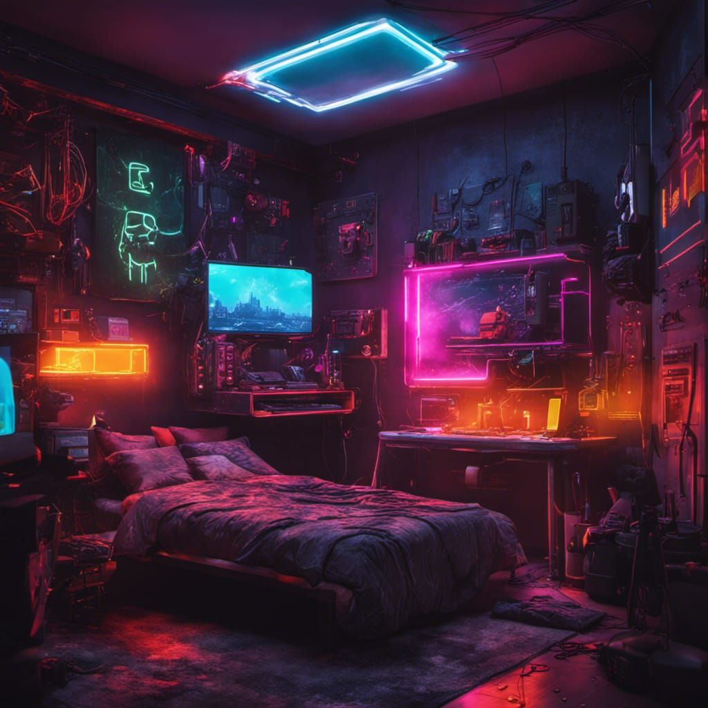 cyberpunk gaming setup bedroom with neons and colourful lights ...